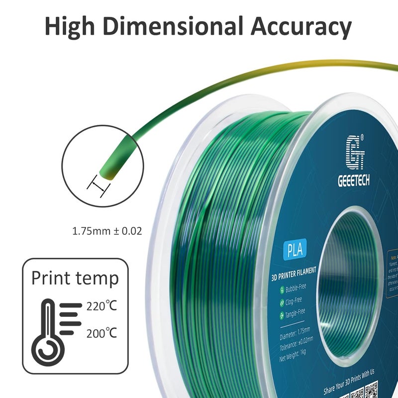 Geeetech 3D Printer Silk PLA Dual Color Filament, Metal-Like Shiny Silk Filament 1.75mm 1kg (2.2lbs) Spool, Dimensional Accuracy +/- 0.02 mm, Silk Blue Green - Image 3